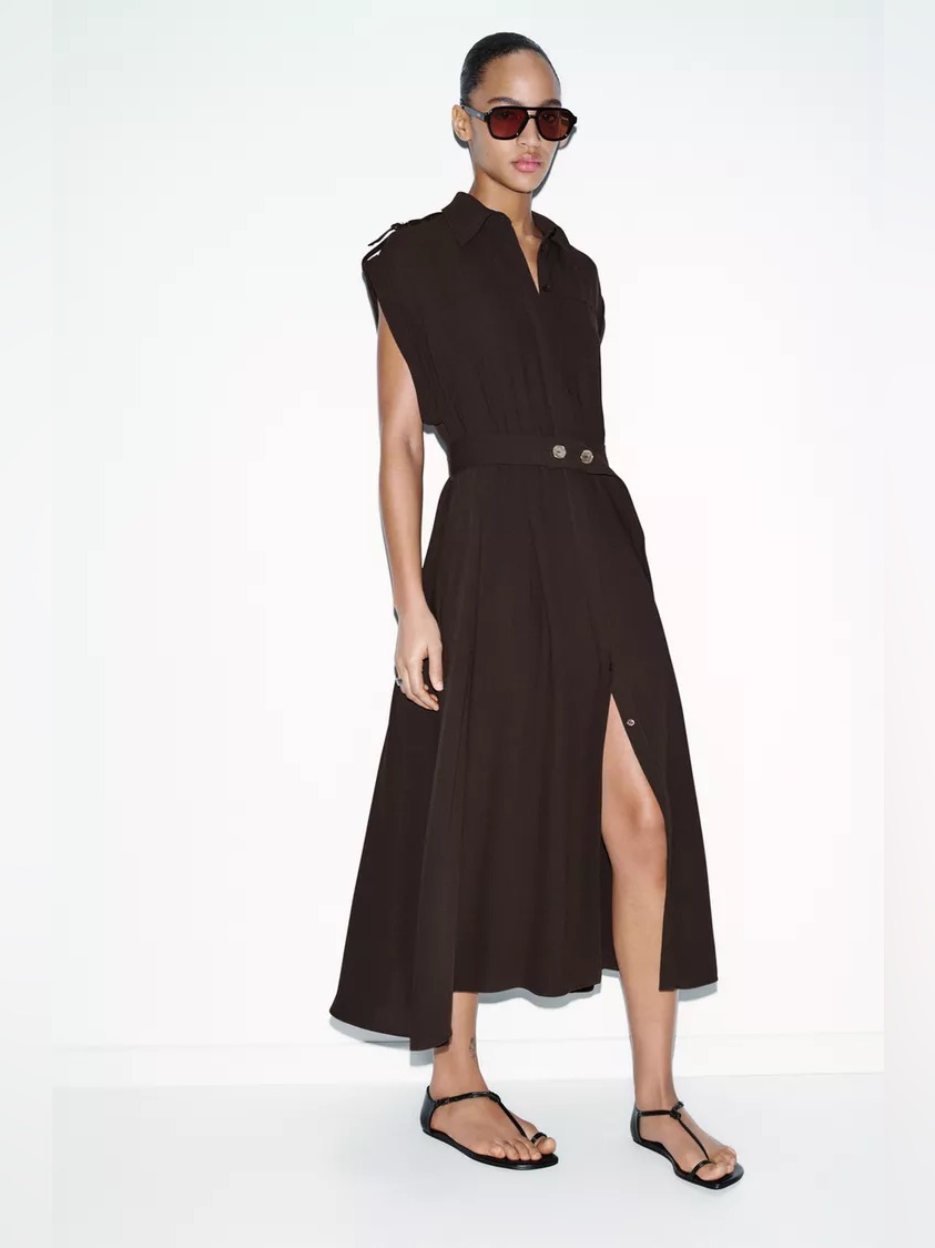 Zara Chocolate Brown Midi Dress With Belt Chocolate Brown Modest Dress Size L